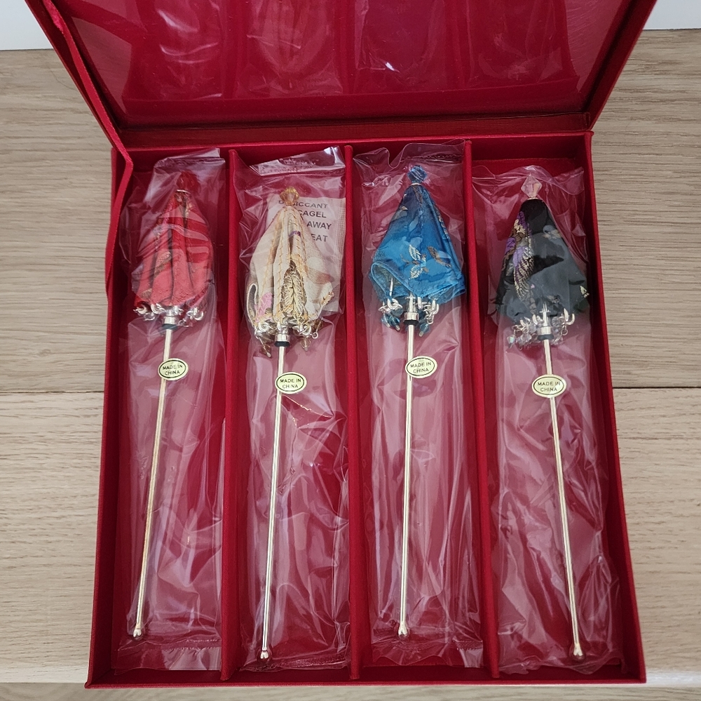 Neiman Marcus Set of 4 Asian Print Umbrella Drink Stirrers - Red Gold Blue Black